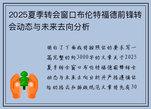 2025夏季转会窗口布伦特福德前锋转会动态与未来去向分析